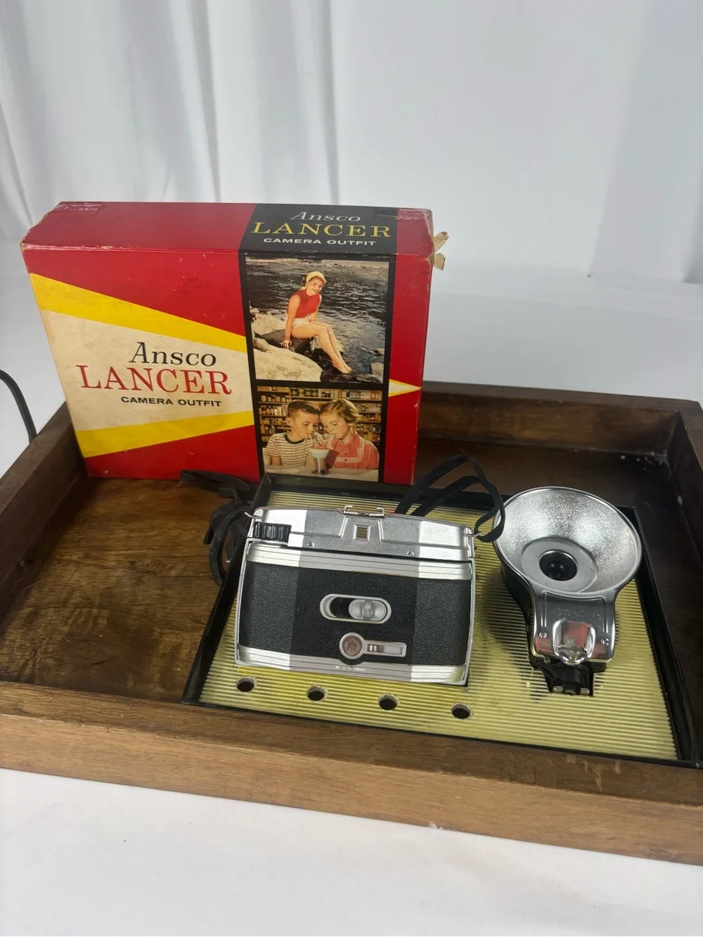 Vintage Ansco Lancer Camera Outfit w/ Flash & Original Box Untested 1950s
